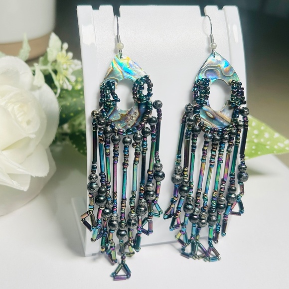 Intricate Mother of Pearl, Abalone Shell Aurora Borealis Seed Bead Earrings - Picture 3 of 6